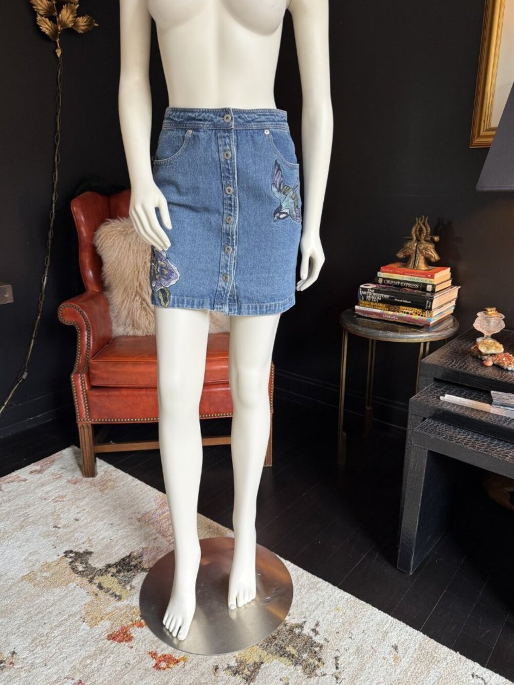 Honey Punch Embroidered Denim Mini Skirt Floral & Bird S